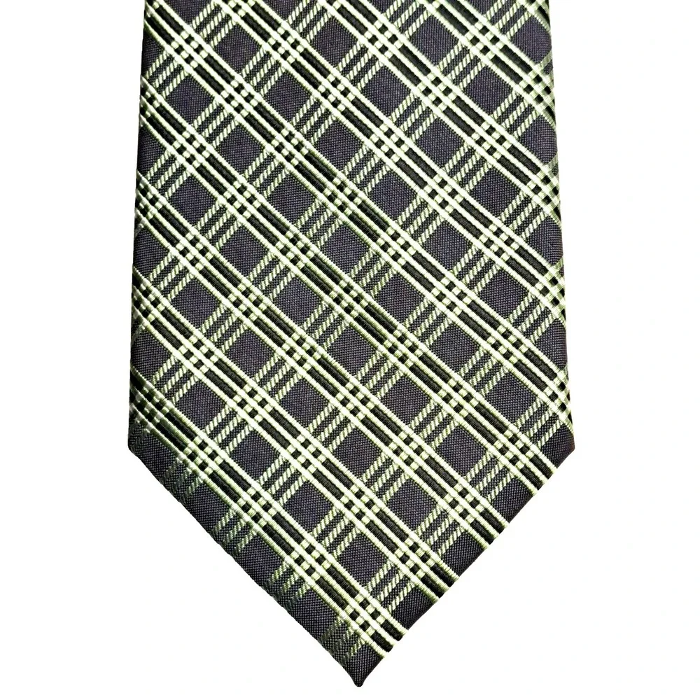 Geoffrey Beane Men's Tie Silk Blend Green Ivory Plaid 58